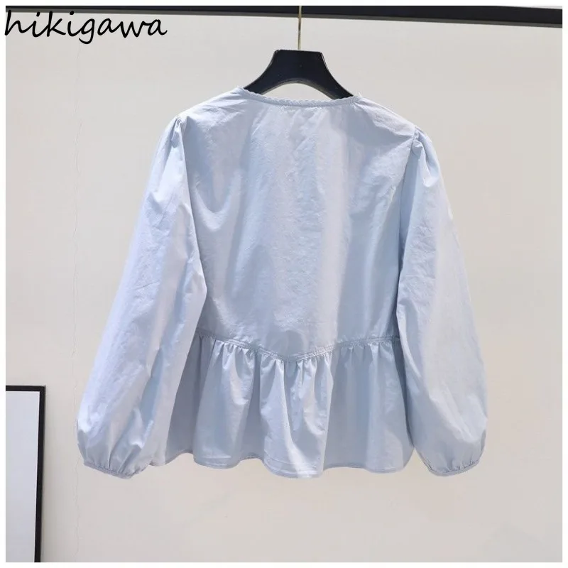 Folds Women Blouses 2024 Camisas De Mujer Fashion Cotton Long Sleeve Loose Tops O-neck Drawstring Cute Vintage Summer Shirts