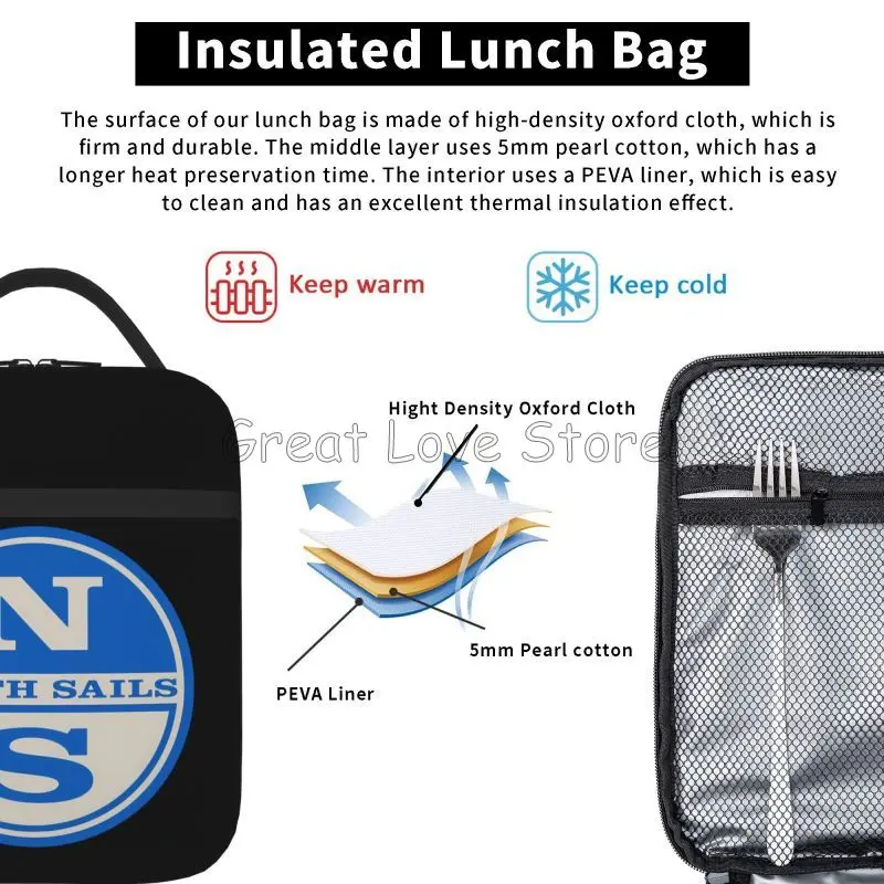 North Sails Print Insulated Lunch Bag Reusable Leakproof Portable Oxford Thermal Cooler Lunch Bento Box for Outdoor Work Travel