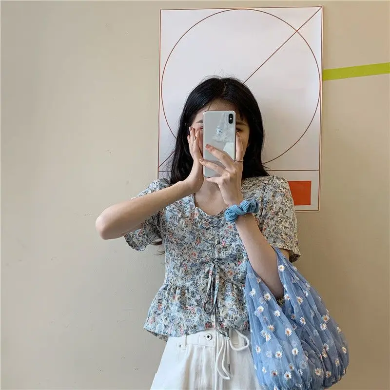 Clothing Short Sleeve Cute Women\'s Shirts and Blouses Kawaii Top for Woman Crop Floral with Bow Korean Style Modern Long Pretty