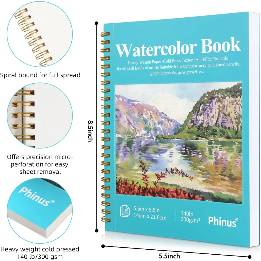 30 ورقة كراسة الرسم بالألوان المائية 5.5 × 8.5 بوصة ورق ألوان مائية بارد Pr 140lb 300gsm لوحة ألوان مائية حلزونية للبالغين Mi