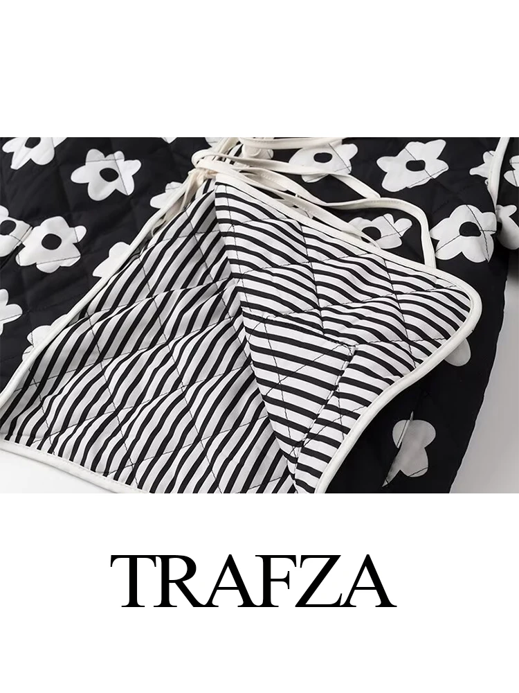 TRAFZA-Jaqueta feminina de algodão de tiras reversível com lapela estampada, elegante feminina manga comprida, casaco quente de rua alta, moda inverno