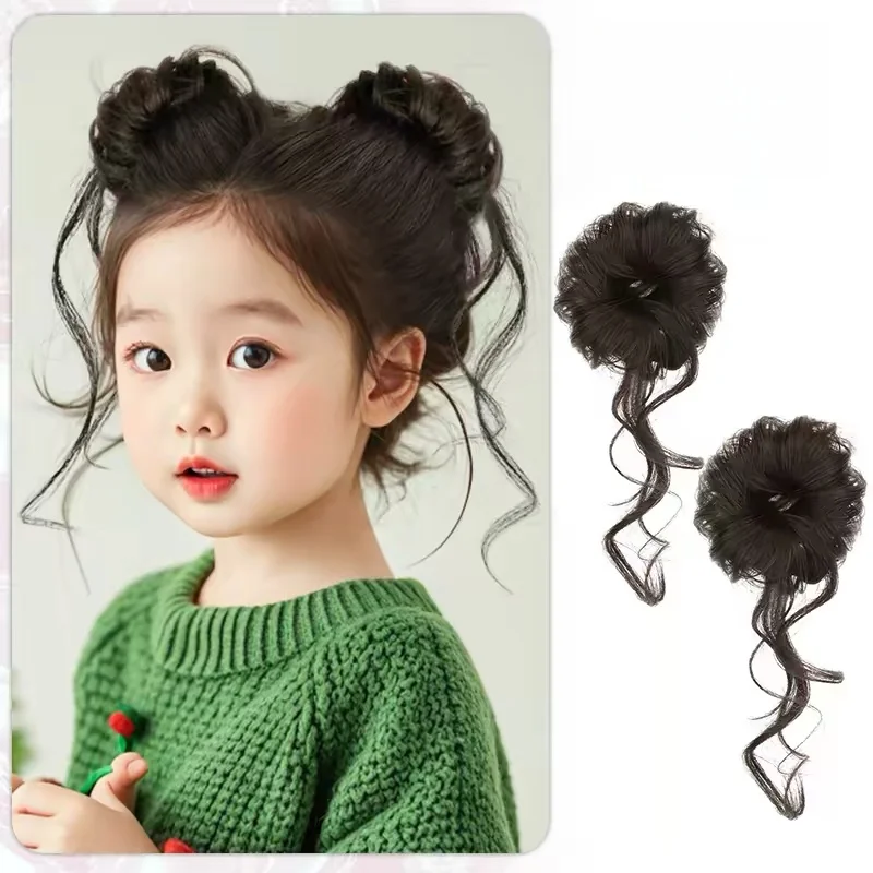 Children's Maruko Head Wig Black Brown Cute Flower Bud Head Hair for Girls Natural Fluffy Simulation Hairband Wig