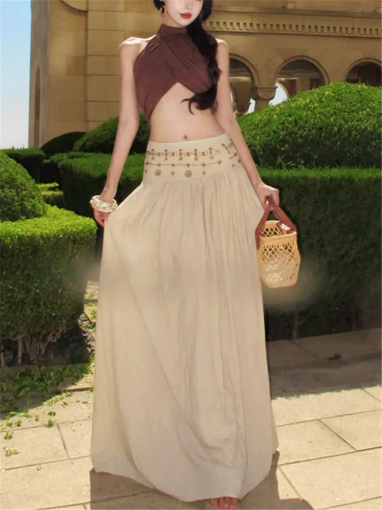 

Egypt Desert Style 2 Piece Dress Sets Sexy Backless Halter Short Tank Top&High Waist Long Skirt Suits Boho Beach 2pc Maxi Dress