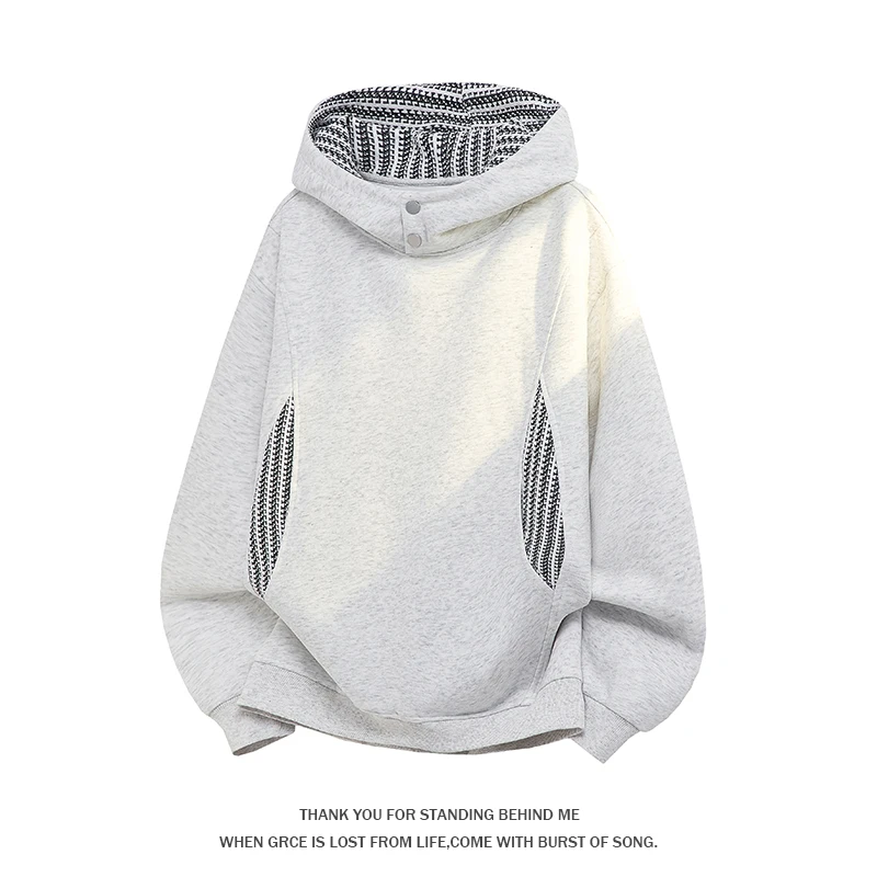 Color Blocked Striped Patchwork Hoodie with Double Button High Neck Loose Oversized Fit Long Deconstructed Streetwear Style
