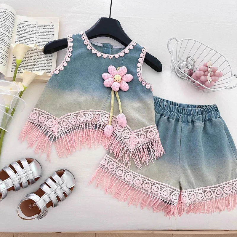 

Summer girls' stylish retro floral tassel gradient sleeveless denim top and shorts tassel set