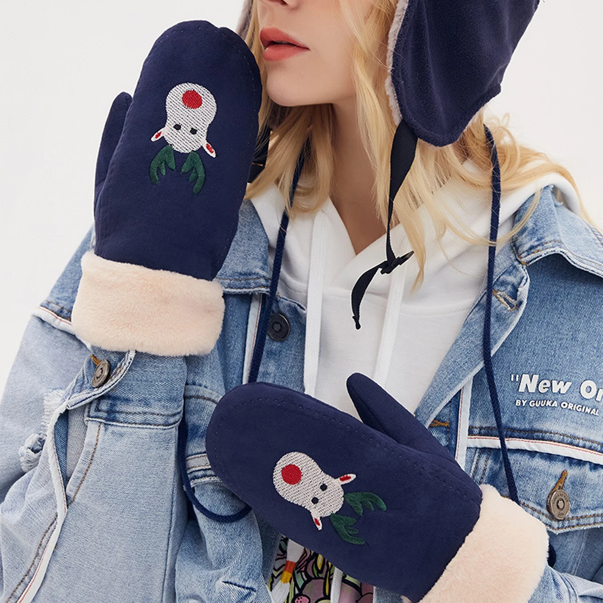 Cold Weather Cartoon Deer Even Finger Hanging Neck Mittens Christmas Gift for Women Winter Warm Thermal Fleece Lined Mittens