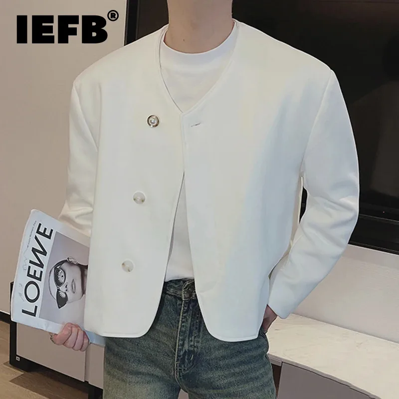 IEFB Korean Style Men's Jacket Collarless Chic Pearl Single Breasted Thickened Solid Color Casual Male Short Coats Winter 9C8470