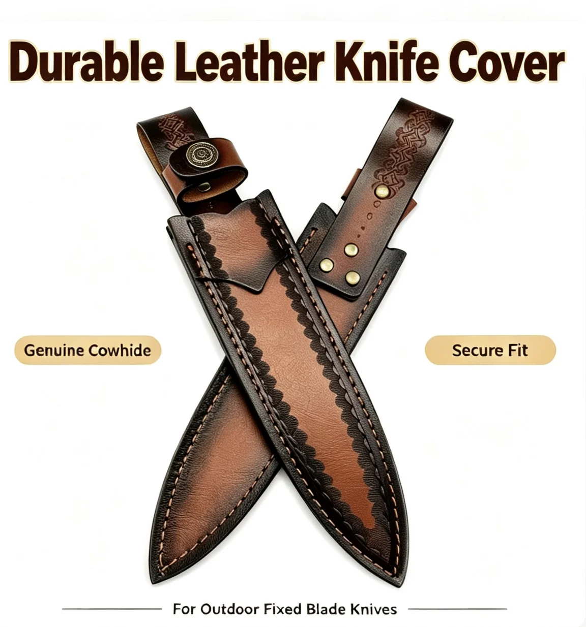 Genuine Top Layer Cowhide Knife Sheath Retro Embossed Leather Fixed Blade Knife Holster Belt Loop Carry Scabbard Leather Cover