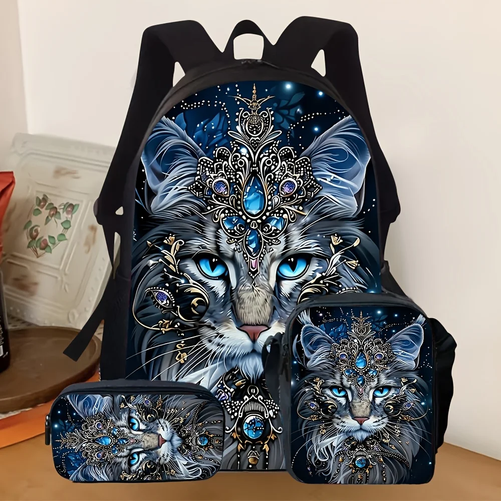 

3pcs [2D Flat] Backpack Set Fantasy Cat with Exquisite Jewelry Pattern Bag Set Including Backpack, Shoulder Bag & Pencil Case fo