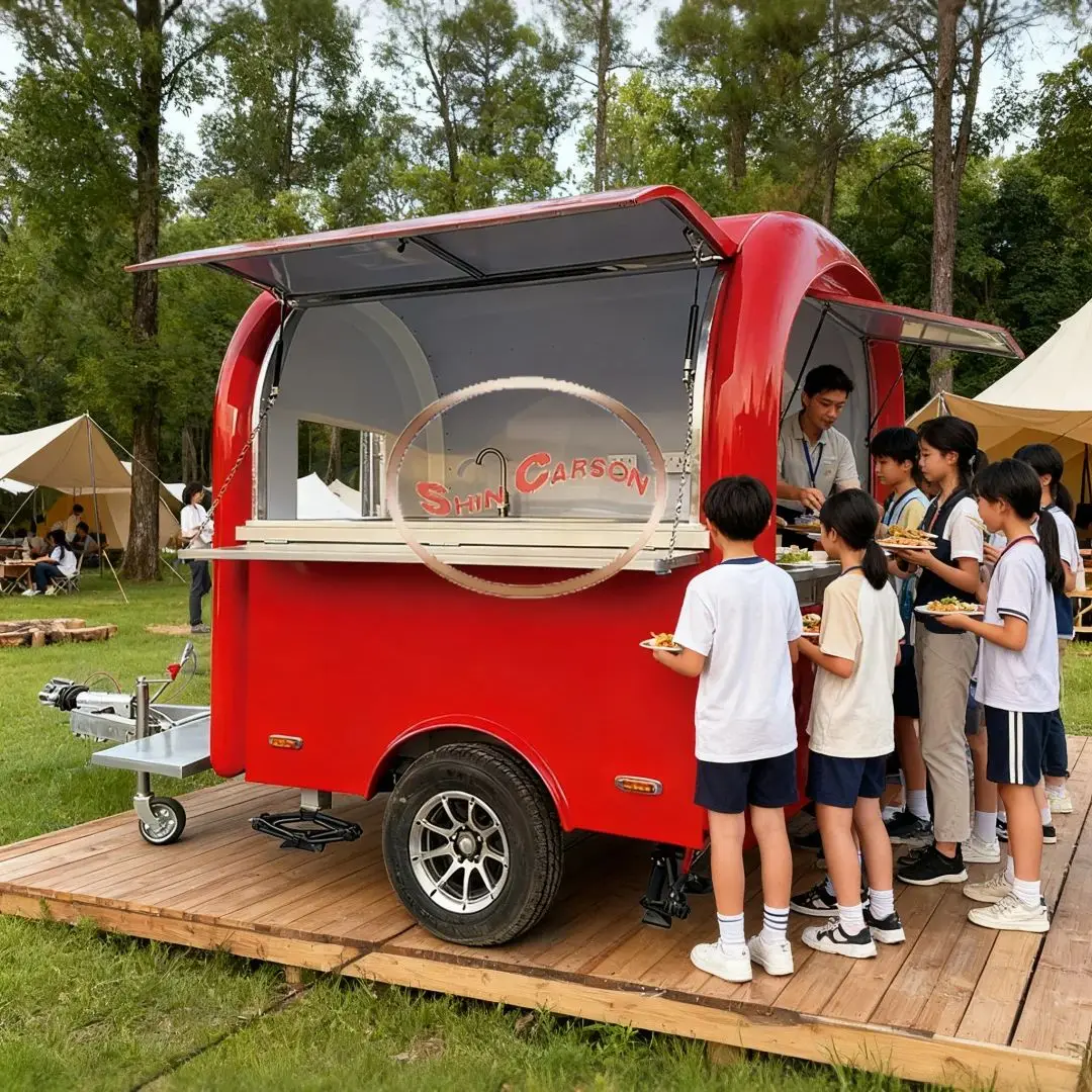 

Red Mobile Food Cart Trailer for Outdoor Catering Commercial Street Food Vending Cart with Stainless Steel Interior