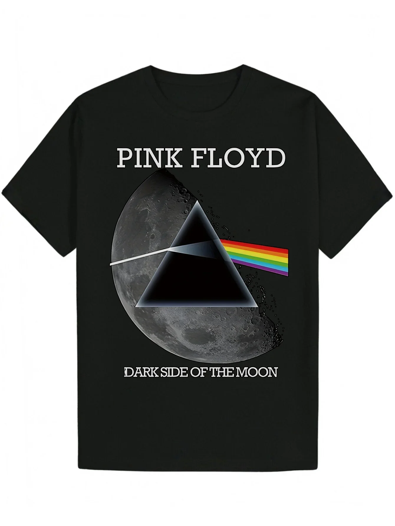 Men's casual T-shirt Black Pink Floyd Dark Side of The Moon album cover print with rainbow triangle and moon pattern round neck