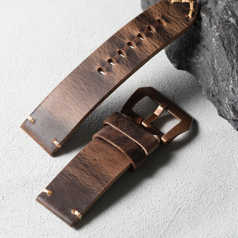 Handmade Head Layer Cowhide Watch Strap 20MM 22MM 23MM 24MM 26MM, Bronze Watch Strap with Vintage Solid Bronze Buckle, CUSN8