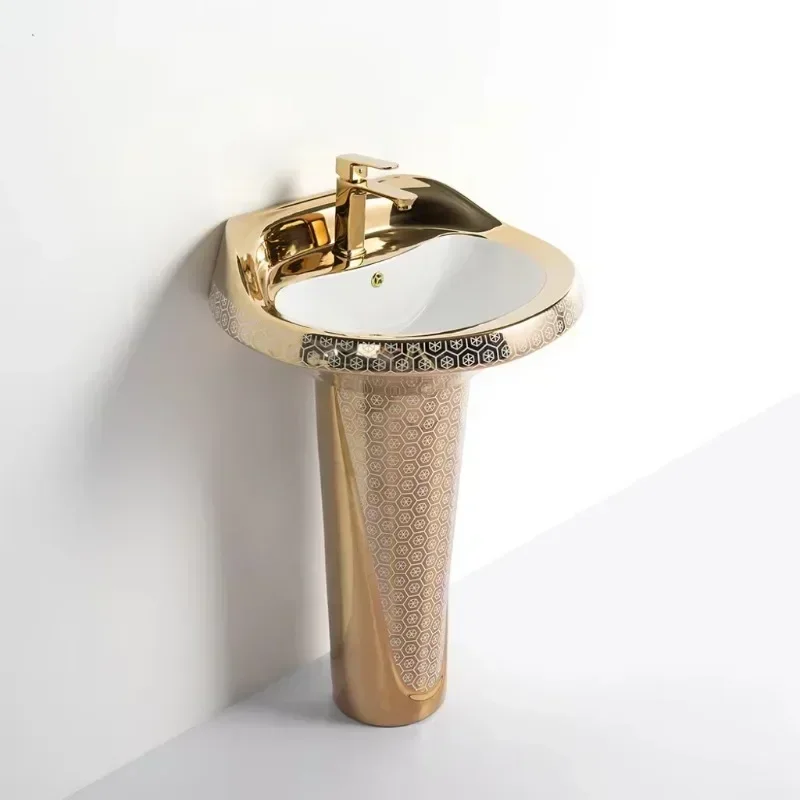 Gold Floor Standing Wash Basin Two-Piece Pedestal Sink with Single-Hole Faucet Mount