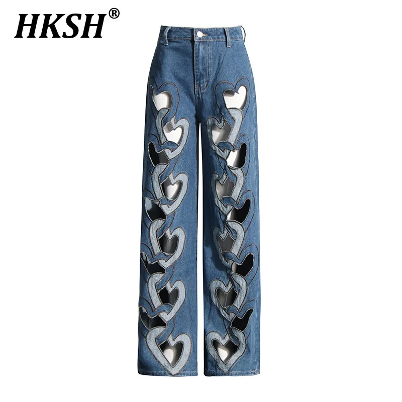 HKSH Temperament Trendy Denim Pants Autumn New Vintage Punk Fashion Streetwear Heart Shaped Hollow Out High Waisted Jeans K3072