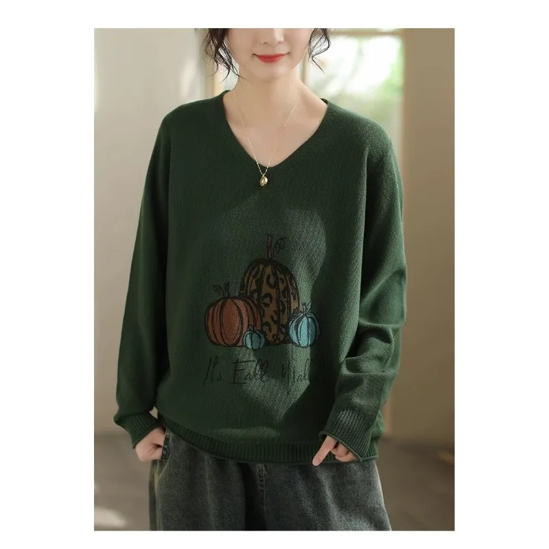 

Pumpkin V-neck Literary Retro Sweater Women's Casual Versatile Printed Pullover Top