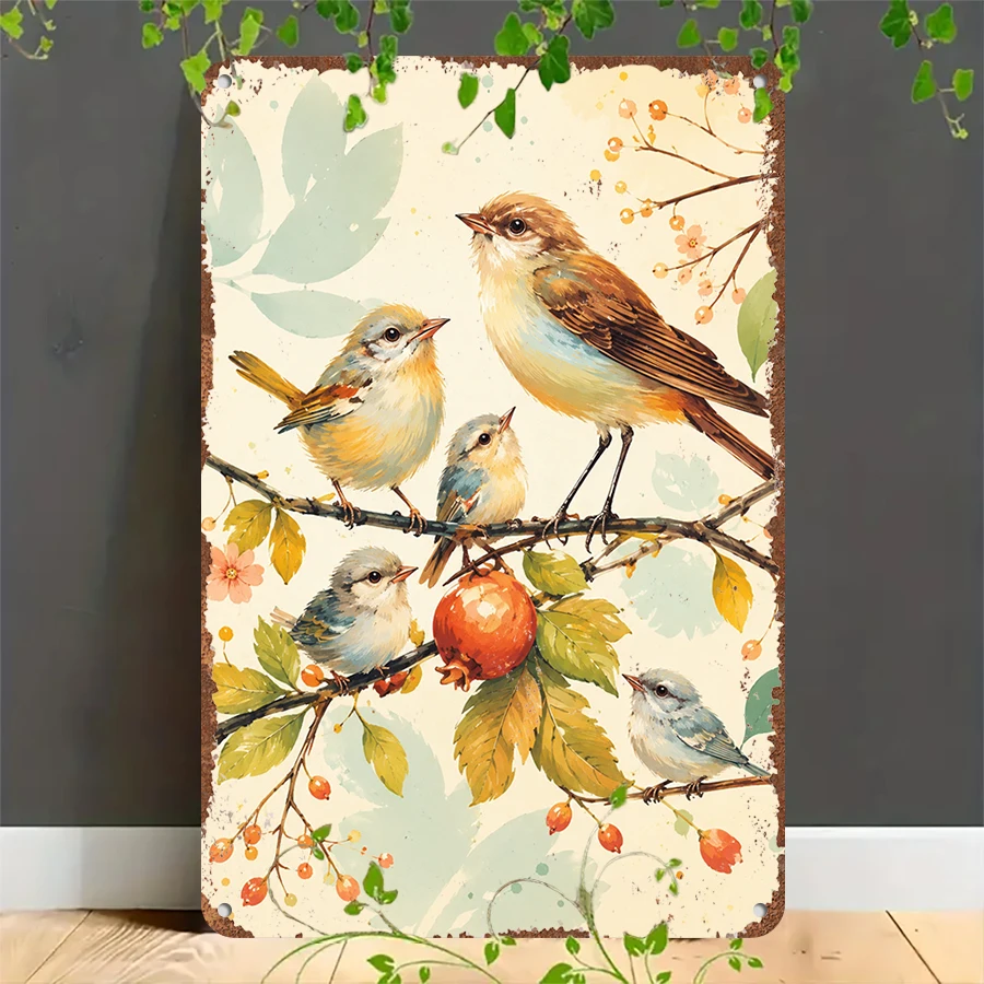 2D flat retro metal tin plate,  Vintage Songbirds & Autumn Fruit Tin Sign, Suitable for home, garage, café, bar and garden decoration