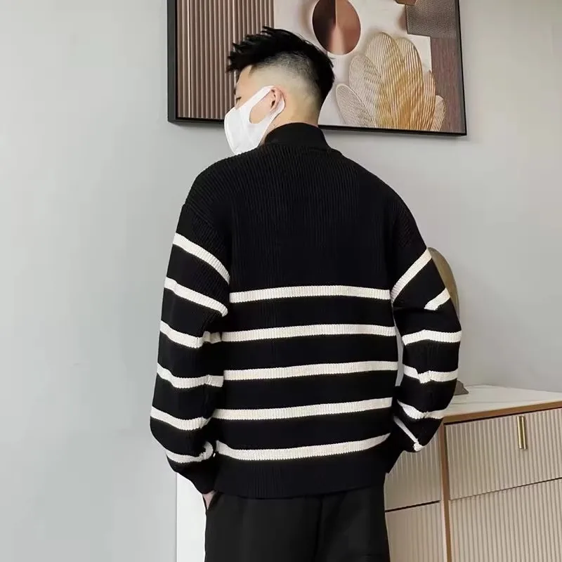 

Laid-ba Sle Thiened вязаный свитер с воротником на молнии, повседневный универсальный полосатый вязаный свитер для мужчин, осень-зима, Новое поступление