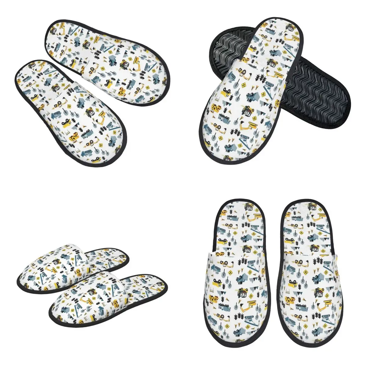 Custom Blue Construction Trucks And Site Theme Pattern Slippers Memory Foam Warm Soft Women House Slipper Indoor Cozy Shoes