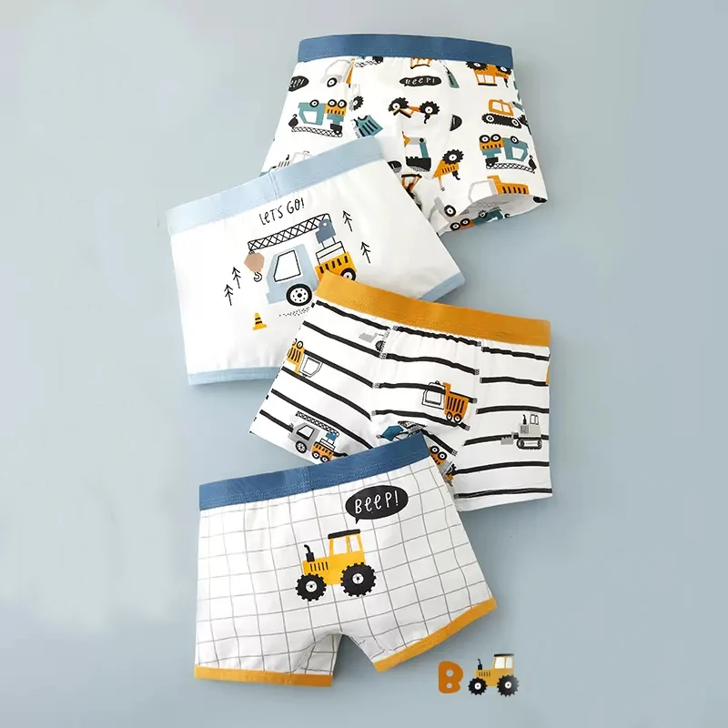 Cotton Kids Underwear 2023 Korean Cartoon Car Boxers for Boys Teenage Plaid Panties Shorts Boy Cute Underpants 2 4 8 12 14 Years