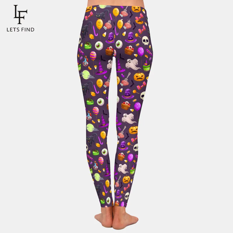 Letsfind nova chegada 3d desenhos animados dia das bruxas atributos impressão digital mulheres treino leggings cintura alta calças finas