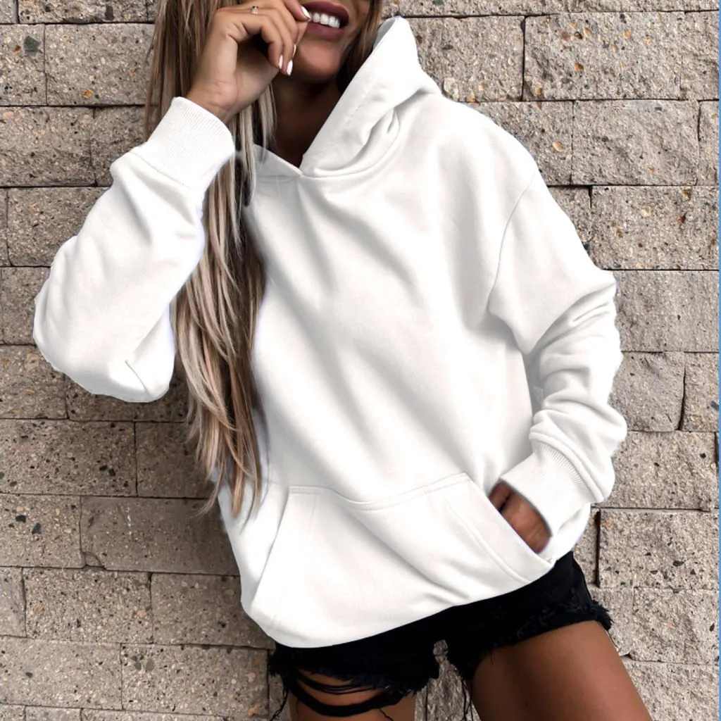 

Casual Daily Sweatshirts Women Blouse Pocket Pullover Long Sleeve Sweatshirt Shirt Hooded Women's solid color Blouse streetwear