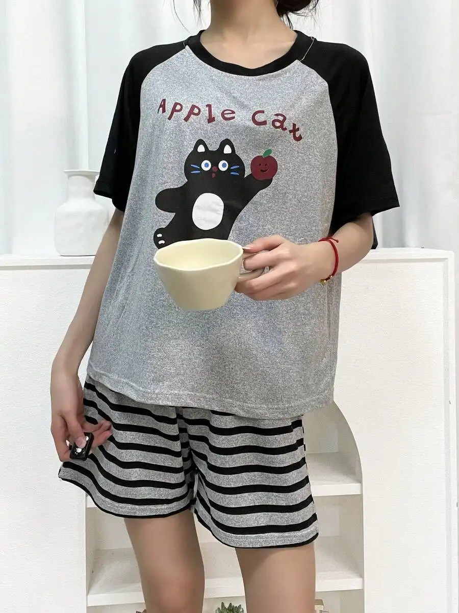 Womens Cat Print Short Sleeve Pajama Set With Striped Shorts Round Neck Loose Comfortable Sleepwear