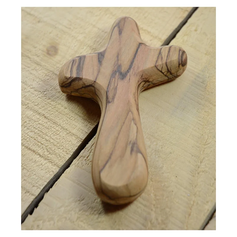 A88E-4Inch Hand Held Olive Wood Clinging Cross Fine Prayer Comfort Holding Wooden Cross - Hand Held Palm Size