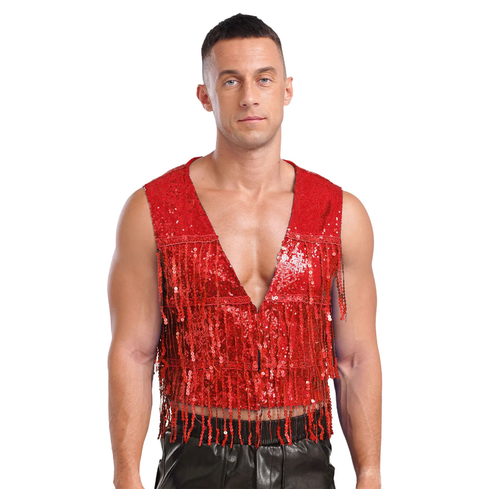 

Womens Shiny Sequins Jazz Dance Vest Sleeveless V Neck Open Front Tassel Waistcoat Music Festival Carnivals Disco Party Clubwear