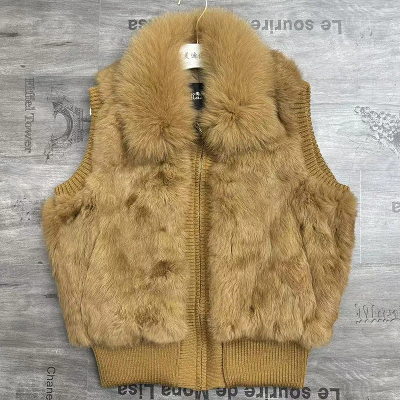 Elegant Rabbit Fur Jacket Vest Short Fox Fur Vest Pull Piece Winter Women Coat