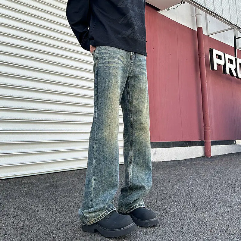 

Retro Waed American High Street Vibe Men's Jeans Straight Leg Micro Flared Slimming Clean Fit Long Trousers