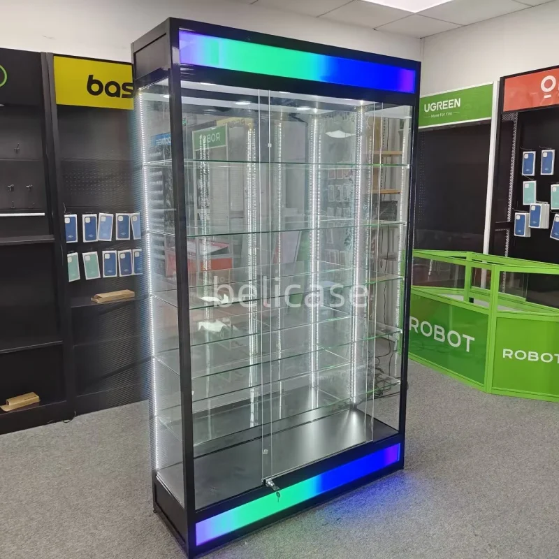 Armário de vidro com luzes LED coloridas Loja de varejo Loja de varejo Frame de alumínio Vitrine para loja de fumaça