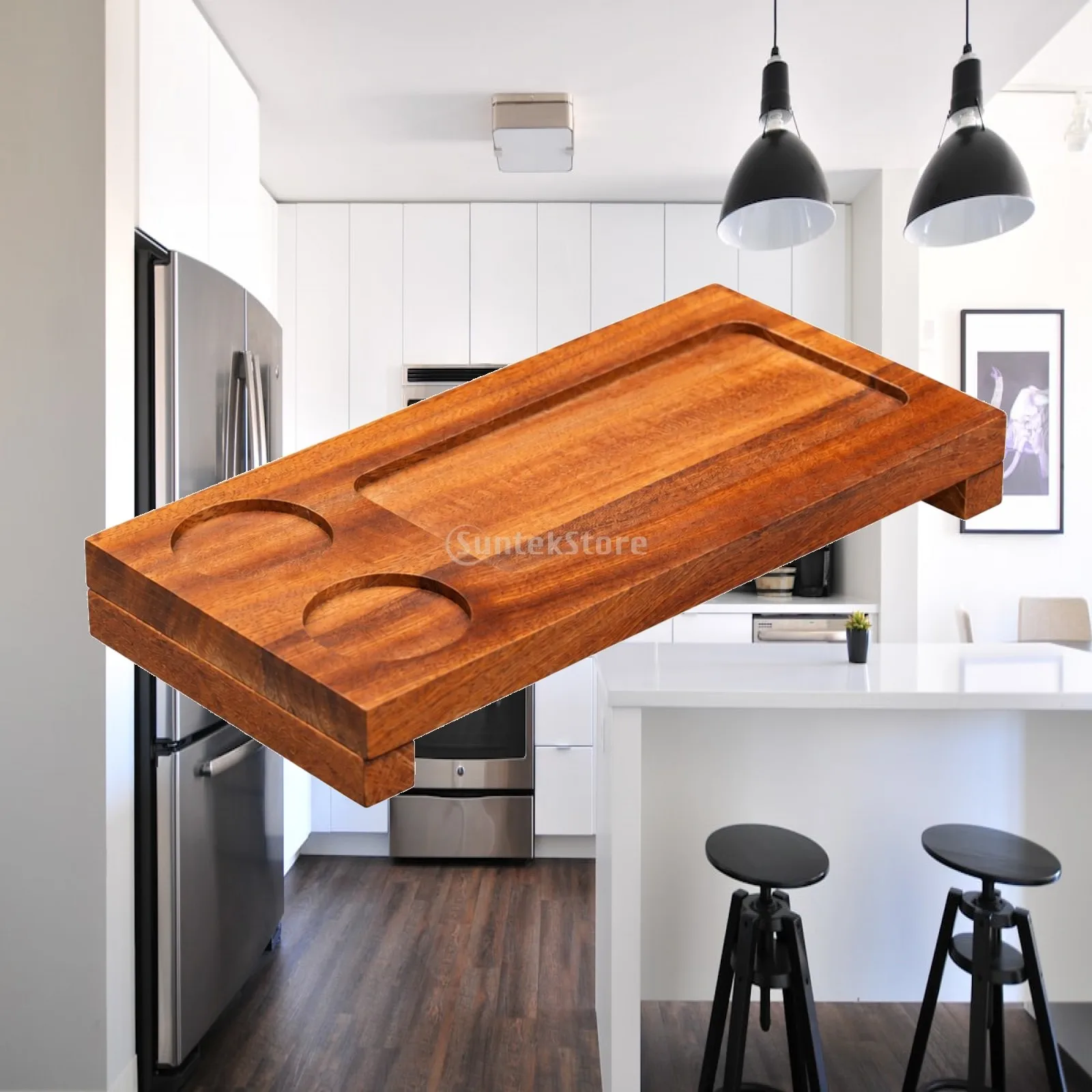 Solid Wood Serving Tray Wipe-Clean Serving Tray with Cup Wells Warp-Resistant Compact for Home Dining, Everyday Entertaining