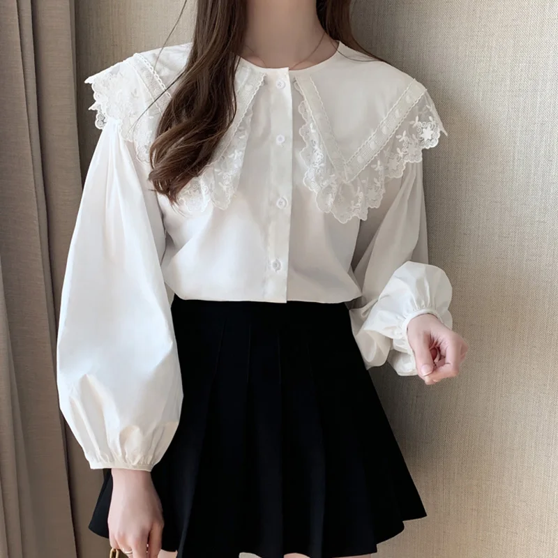 

Korean Elegant Sweet Cute Lace Peter Pan Collar Loose Blouse For Women Autumn Fashion Lanter Sleeve Casual White Shirt Tops