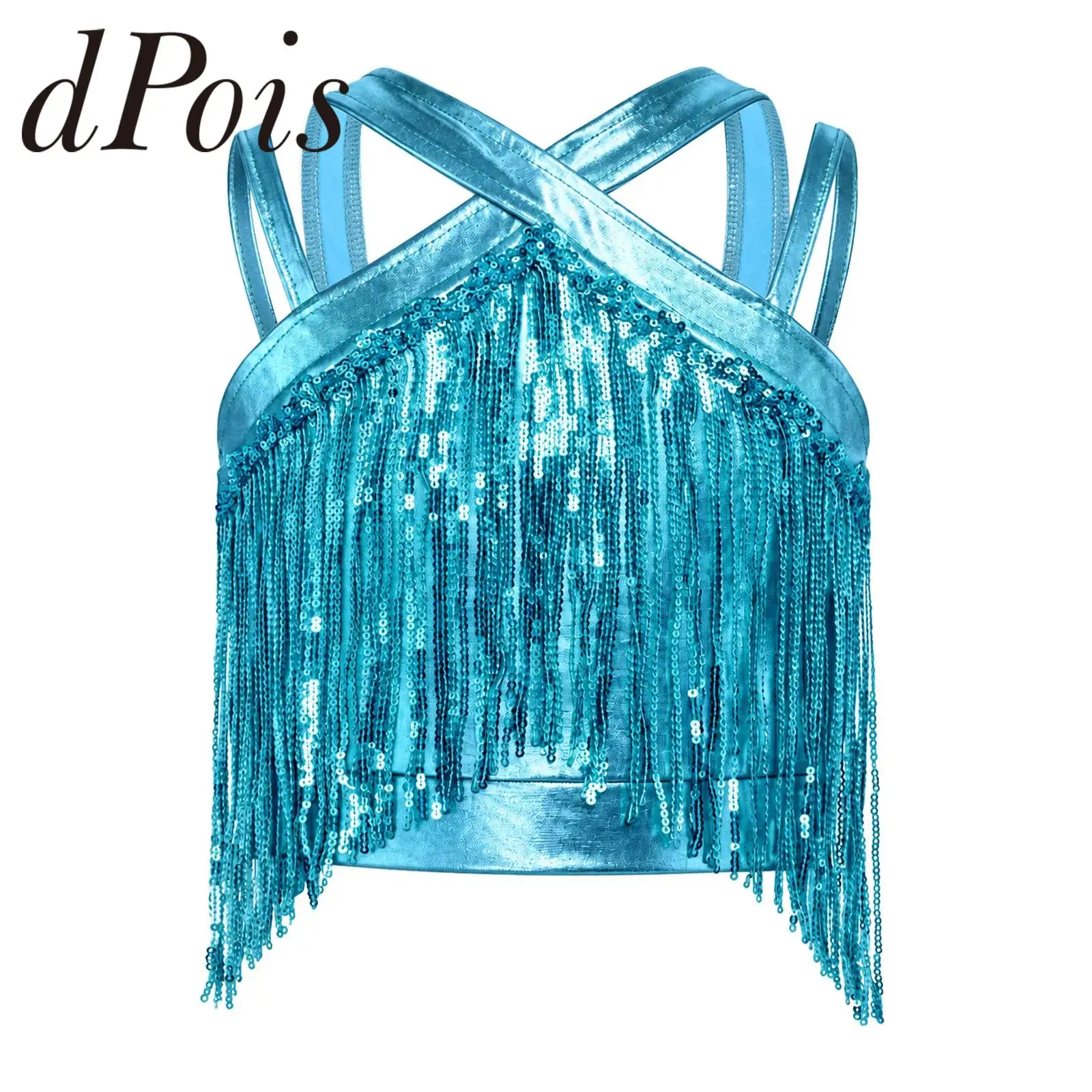 Children Rumba Cha-cha Tango Metallic Vest Fringed Sequins Tops Girls Crop Top Ballroom Dancing Wear Kids Latin Dance Costume