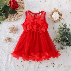 Summer Girls' Dress With Mesh And Sweet Petals, Korean Cute Baby Girl Dress (0-3 Years Old)