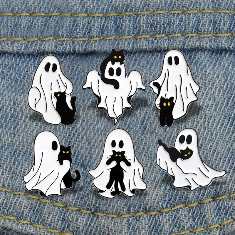 Cartoon Ghost Enamel Pins Custom Cute Black Cat Brooches Lapel Badges Halloween Animal Jewelry Gift for Kids Friends