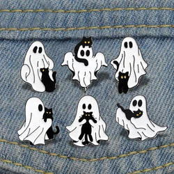 Cartoon Ghost Enamel Pins Custom Cute Black Cat Brooches Lapel Badges Halloween Animal Jewelry Gift for Kids Friends