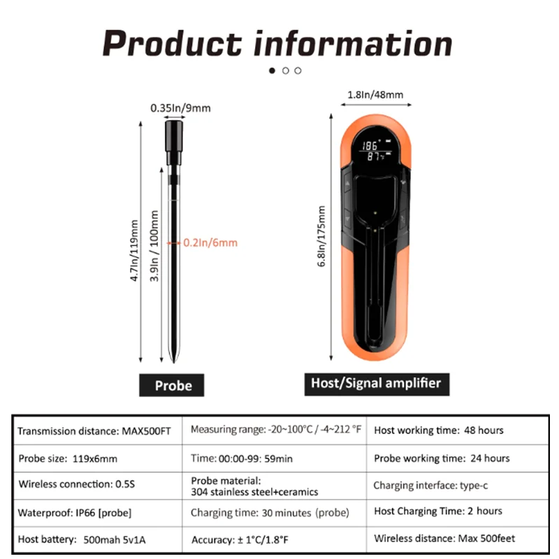 Meat Thermometers App Controlled Waterproof Probe Smart Wireless Bluetooth Digital Instant Read Barbecue Steak Thermometer