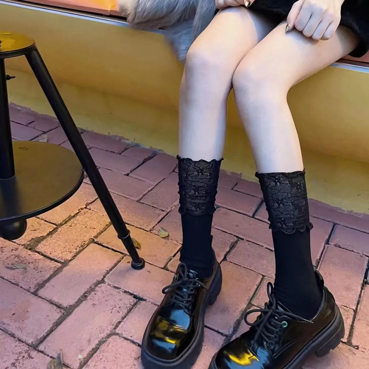 Spring Autumn Thigh High Socks Women Over-the-knee Lace Stockings Japanese JK Uniform Lolita Long Boots Half-cut Black Calf Sock