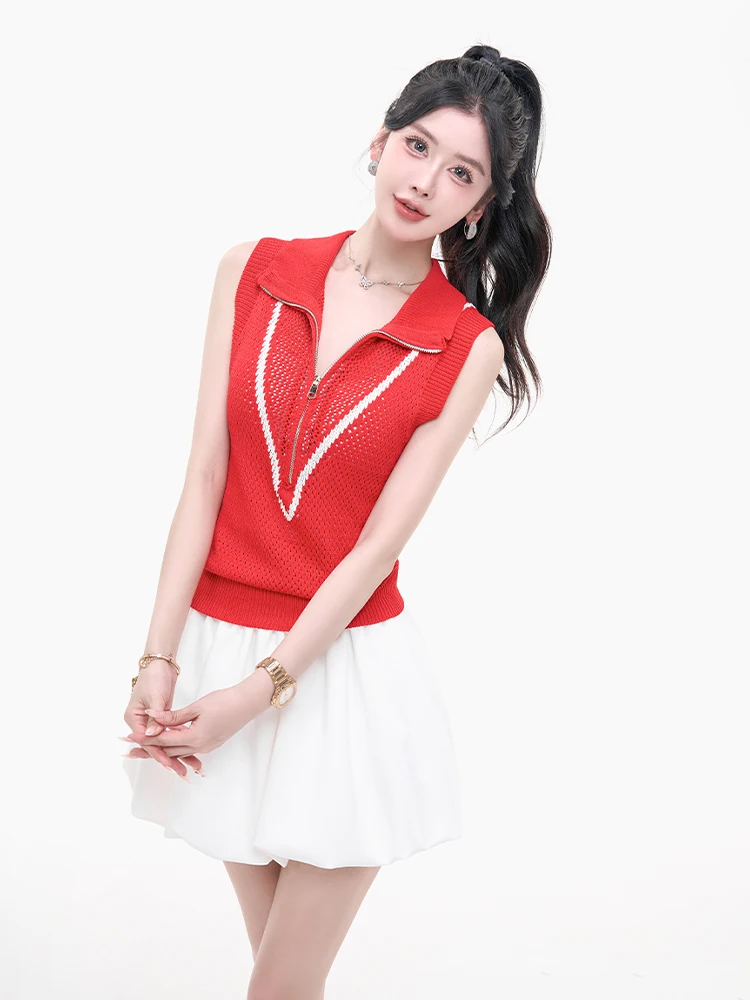 

Slim Fit Hollow out Knitted Vest Women's Summer New Sle Svel oulder Pad Top Faionable Ele Ladies First Brand