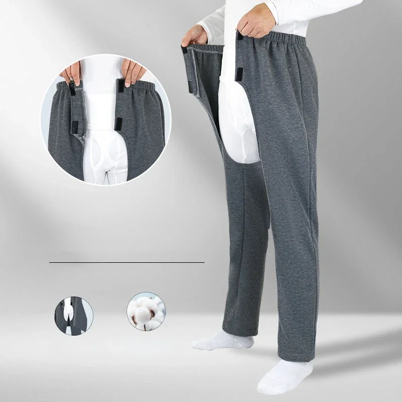 Man Front Back Open Crotch Patient Sweatpants Unisex Adult Old Incontinence Nurse Pants Care Easy Clothing Functional Bottoms