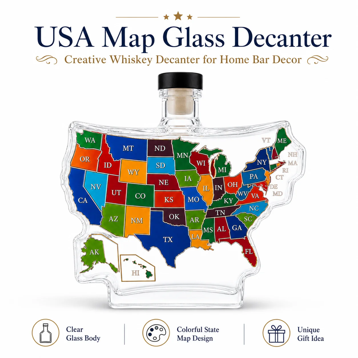 USA Contour Map Glass Whiskey Decanter Color Coded US State Abbreviation Print Lead Free Liquor Storage Bottle American