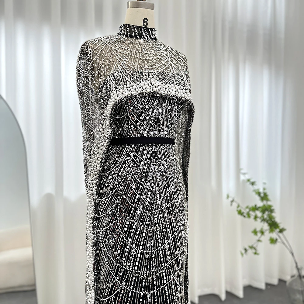 Sharon Said Luxus-Perlen Dubai Champagner Meerjungfrauen-Abendkleider mit Cape-Ärmeln Arabisches Hochzeits- und Abschlussballkleid SS369 Maßanfertigung – Detail 23