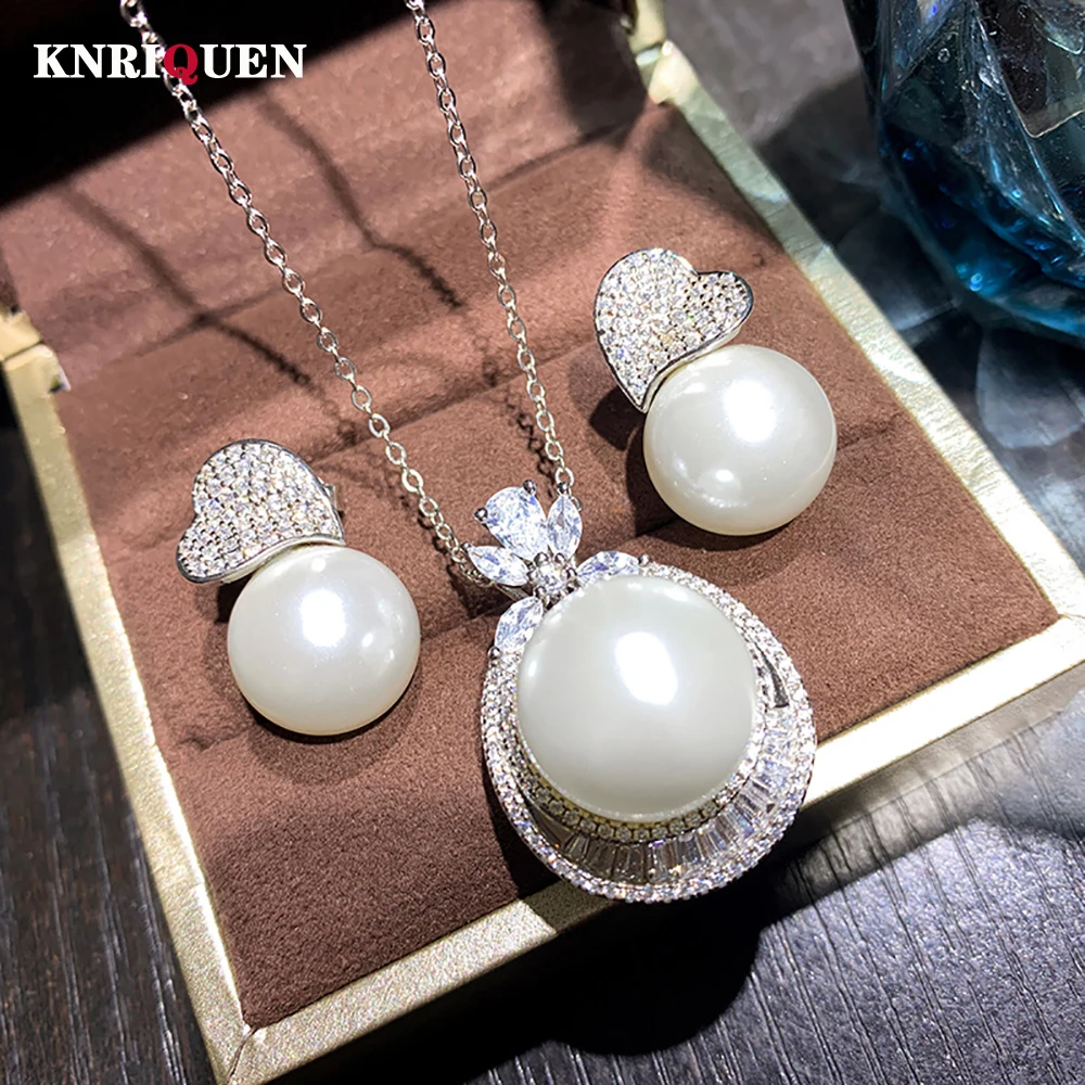 Charms 100% 925 Sterling Silver 14mm Pearl Pendant Necklace Drop Earrings Lab Diamond Wedding Party Fine Jewelry Sets for Women