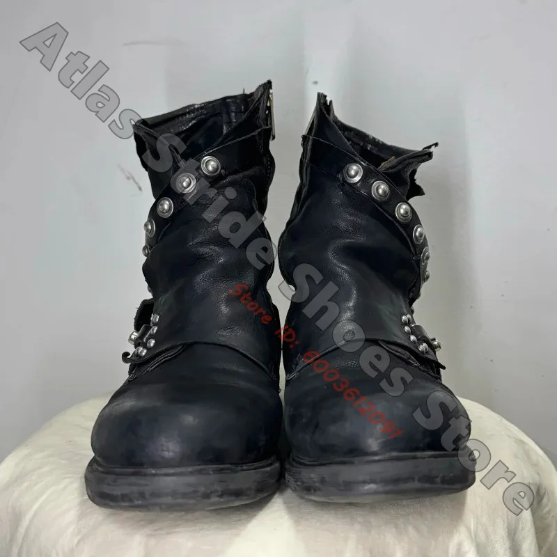 Women Black Distressed Leather Ankle Boots Multi Rivet Wrap Strap Round Toe Low Block Heel Vintage Punk Biker Boots