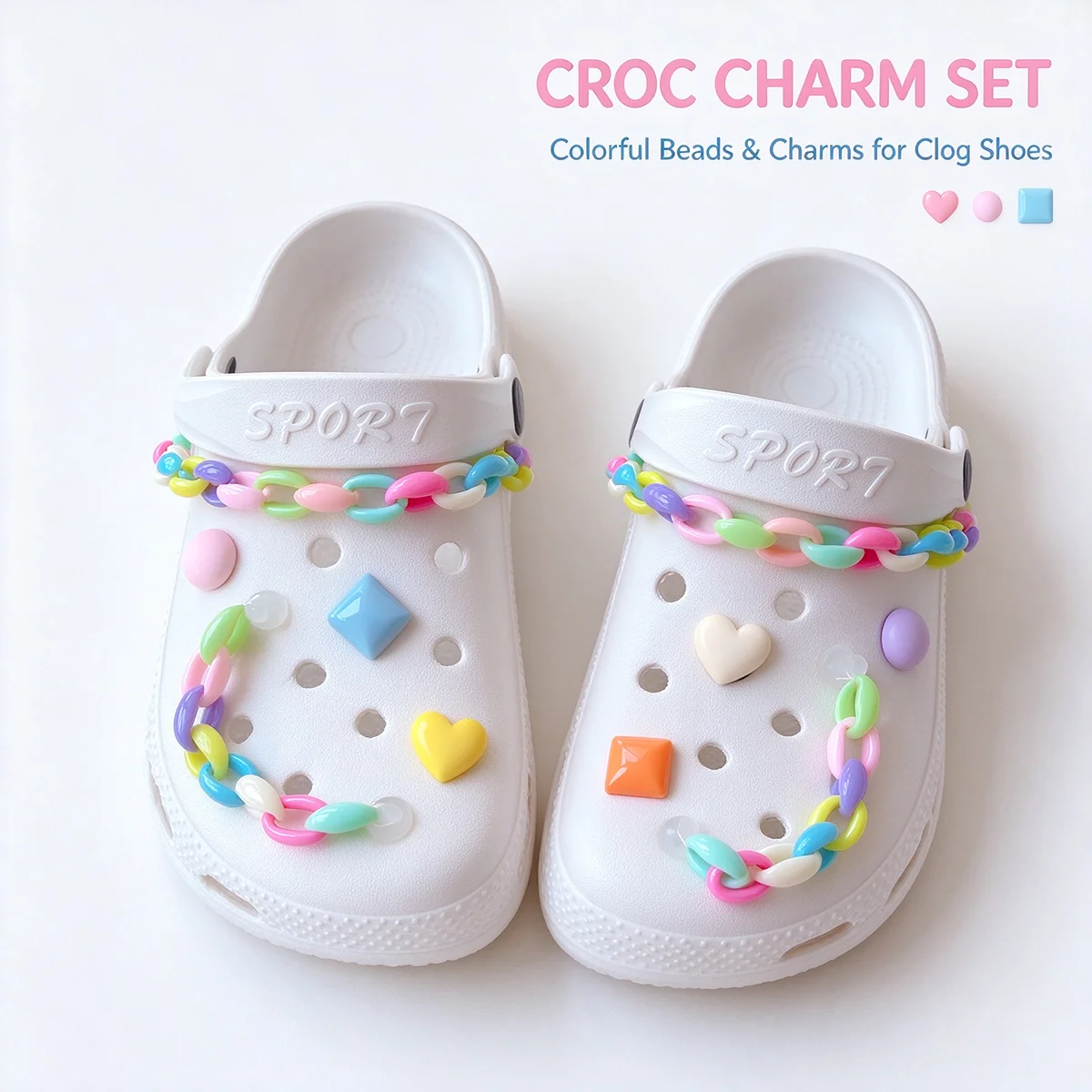 Colorful Clog Shoe Charm Set, Assorted Heart & Square Bead Charms with Candy Color Chain Links, Detachable DIY Shoe Decorations