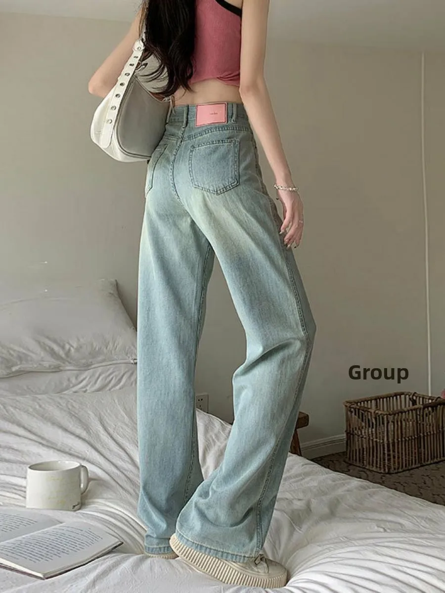 

High Waist Straight Leg Denim Jeans Women's Design Pink Leather Tag Pear ape Wide Leg Floor Length Pants Outerwear