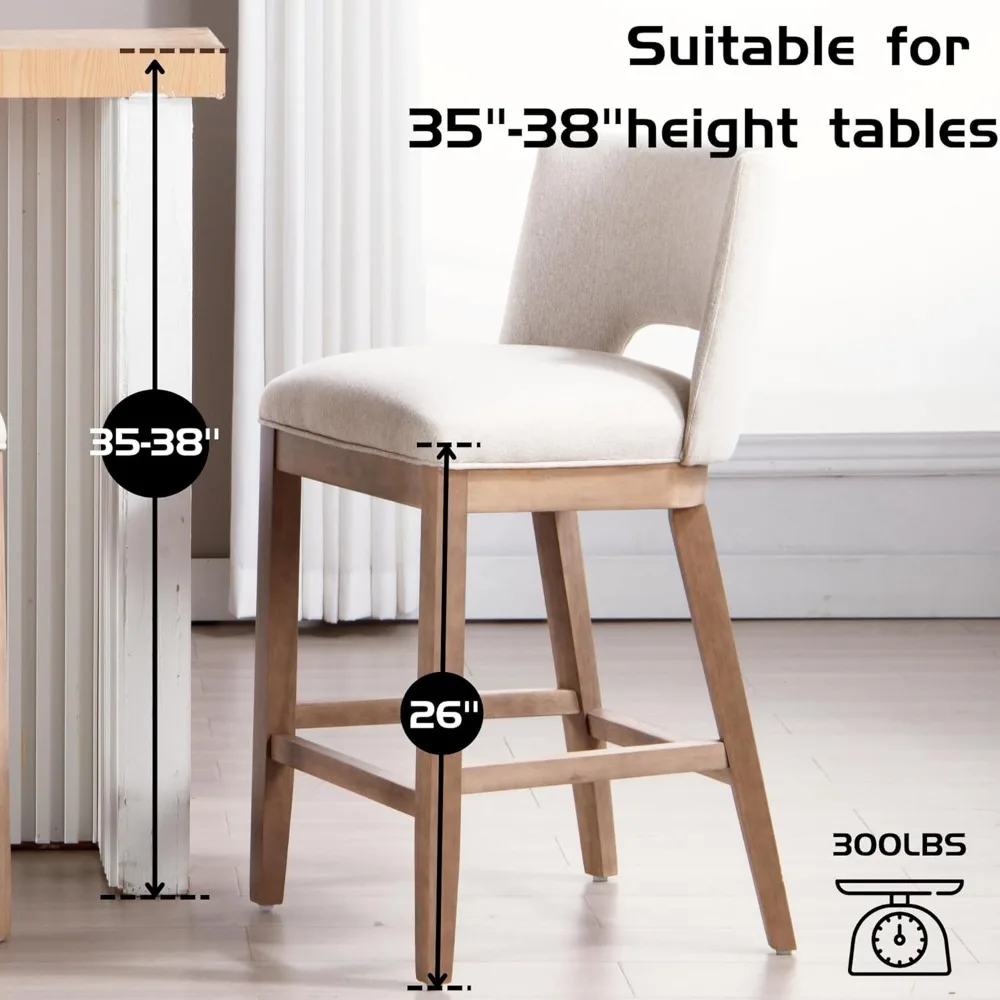 เก้าอี้บาร์ชุด 4, 26 "ความสูงเคาน์เตอร์ Barstools, ผ้าลินินเบาะ Barstools พร้อมเปิดด้านหลังสําหรับห้องครัว/บ้านผับ