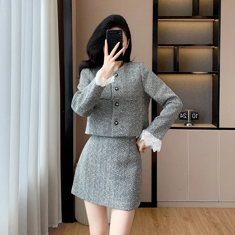 High Quality Fall Winter Tweed Skirt Two Piece Set Women Woolen Lace Patchwork Short Jacket Coat + Mini Skirt Suits Sweet Suits