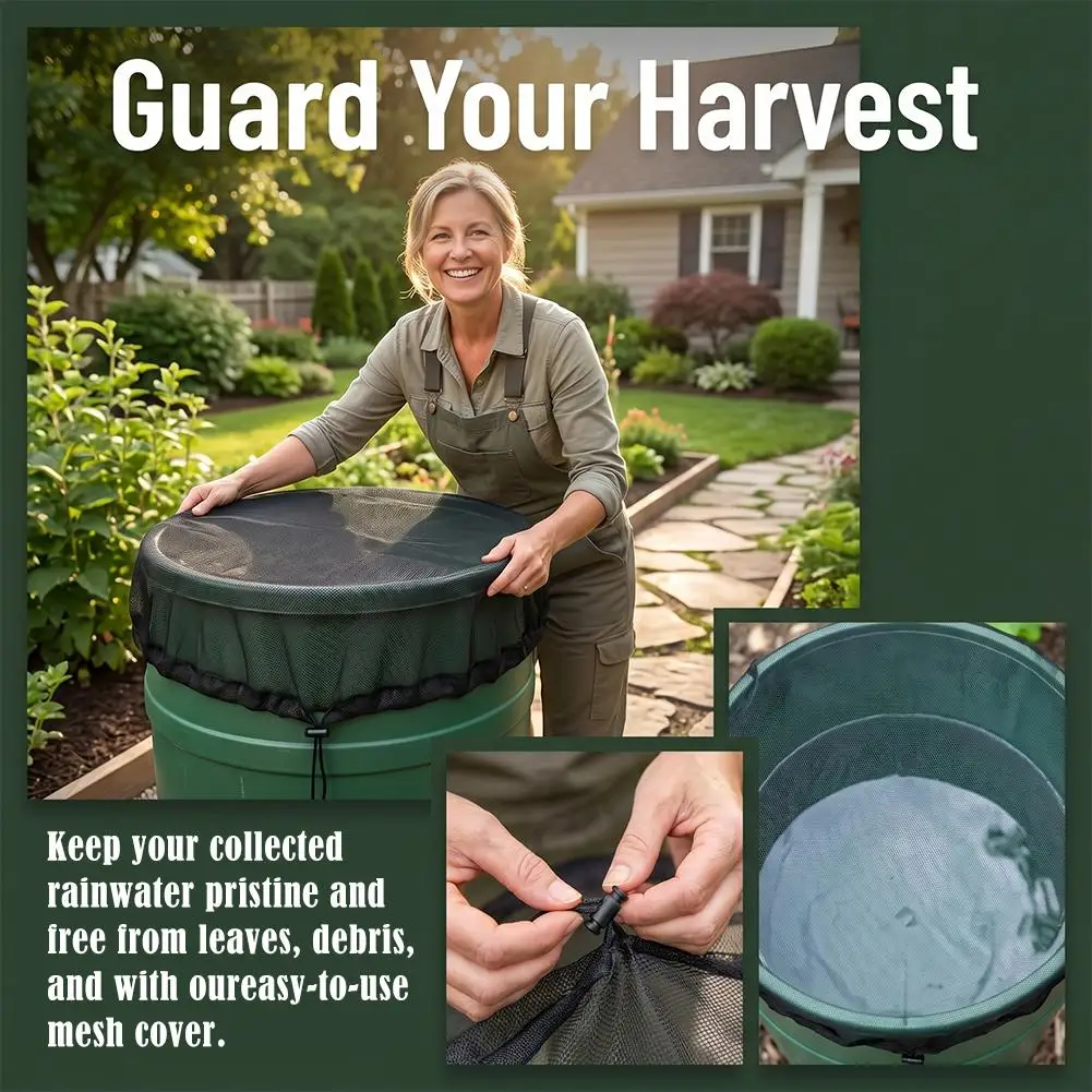 Rain Barrel Mesh Cover Adjustable Drawstring Rainwater Tank Screen Filter Net Anti Leaf Insect Guard For Garden Buckets